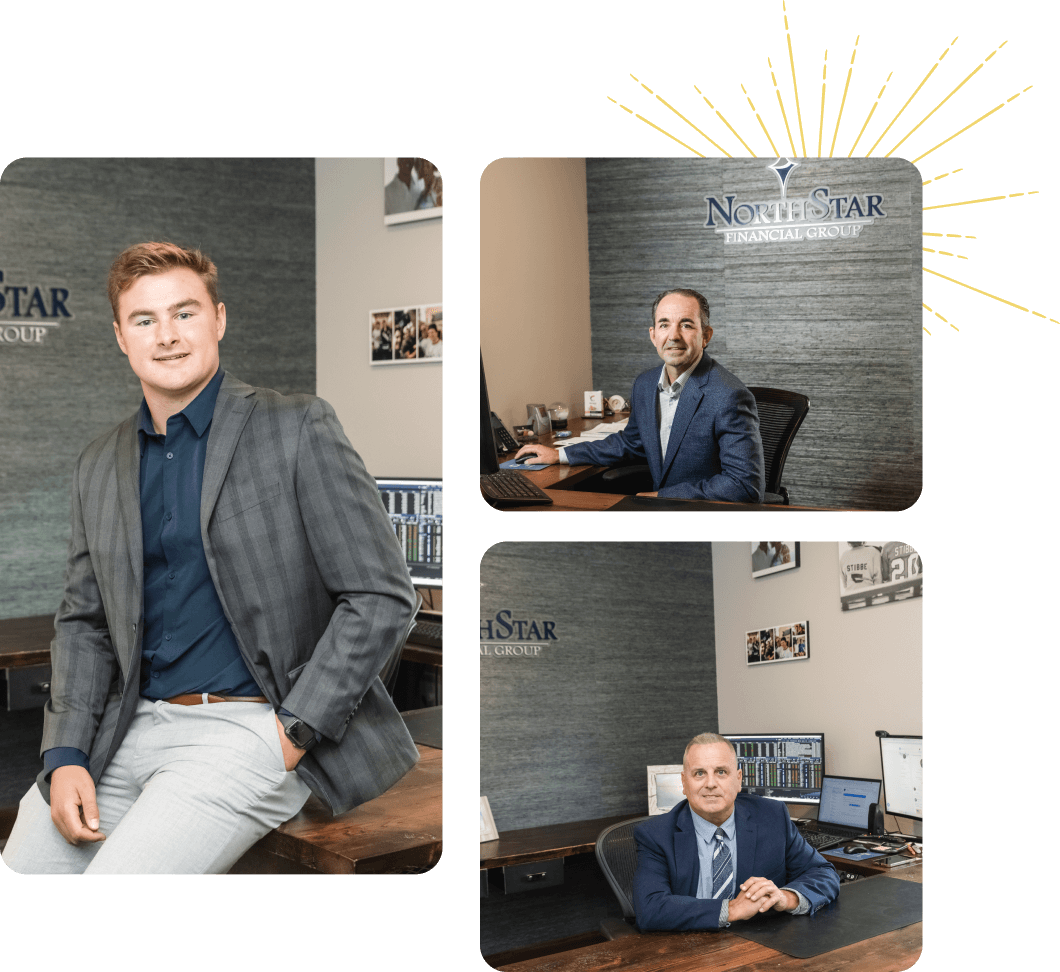 a collage of a man in a suit